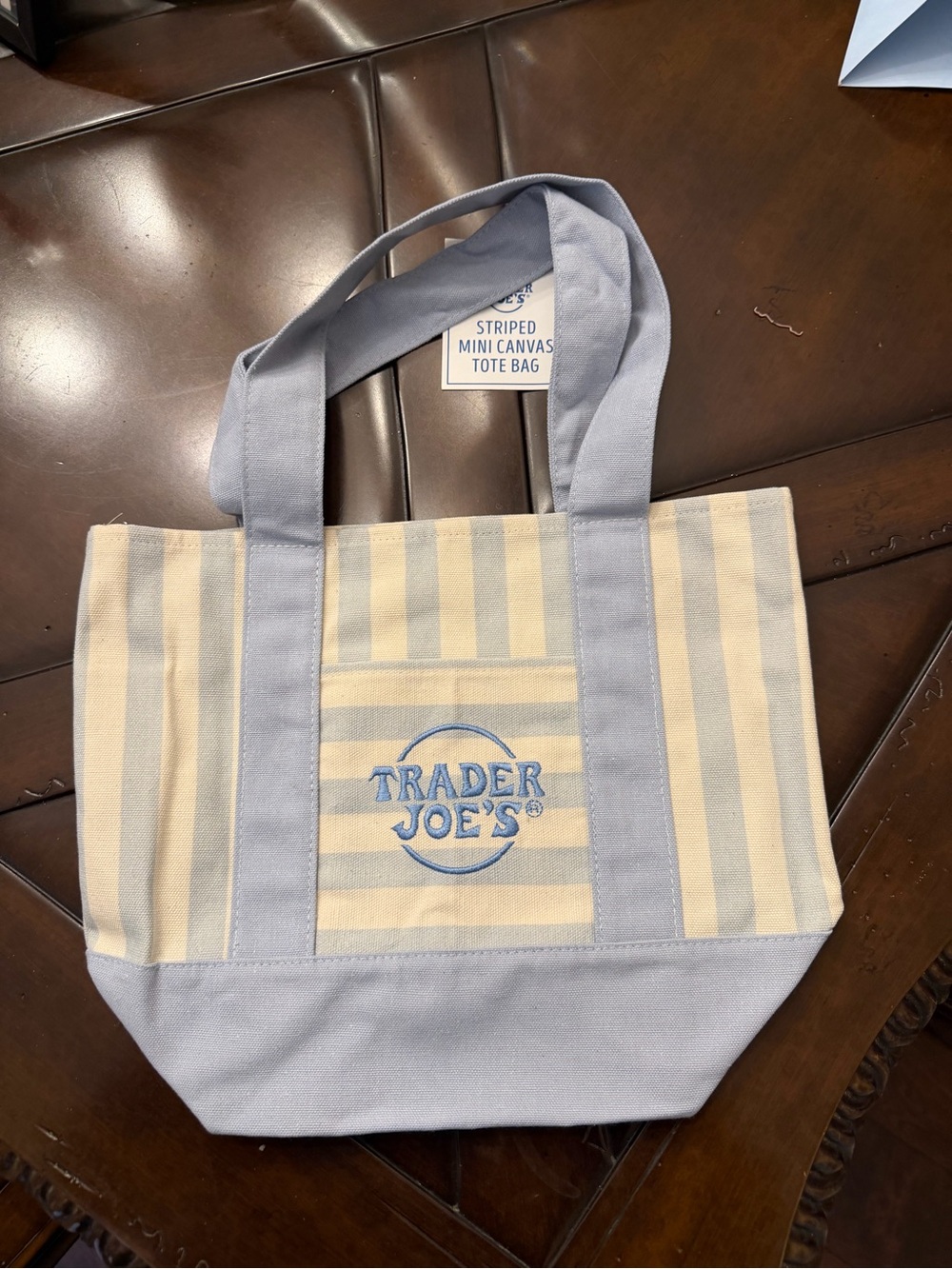 Trader Joe's Striped Mini Canvas Tote Bag in Light Blue and Cream
